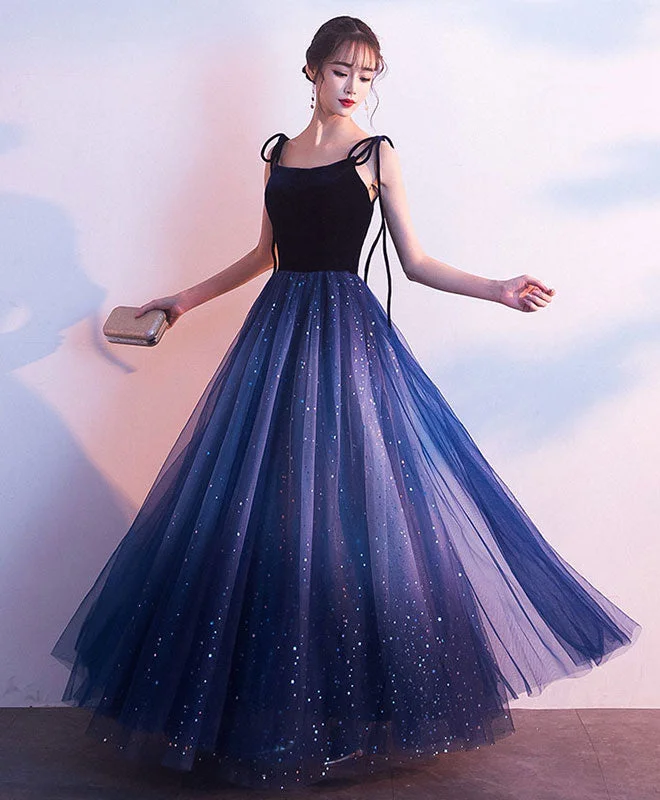 Crepe DressSimple Blue Tulle Long Prom Dress, Shiny Blue Evening Dress