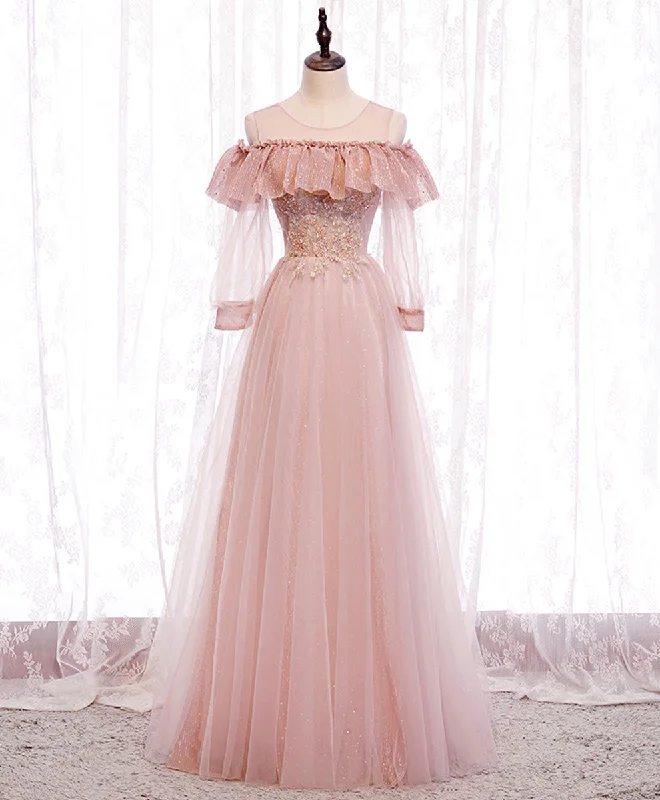 Wrap DressPink Round Neck Tulle Lace Long Prom Dress Pink Lace Evening Dress