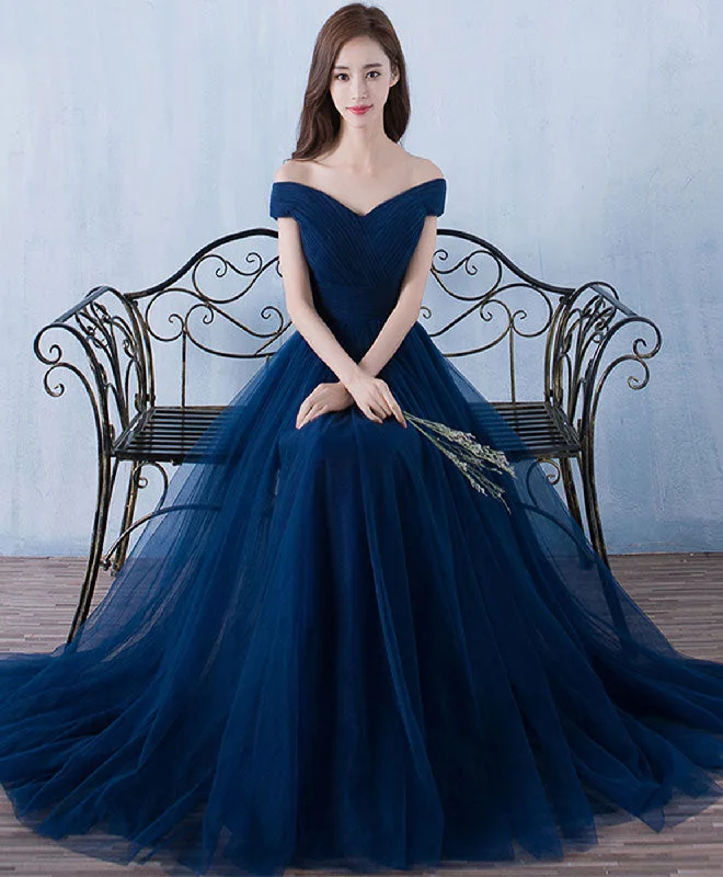 women's everyday dressesBlue V Neck Tulle A Line Long Prom Dress, Evening Dress