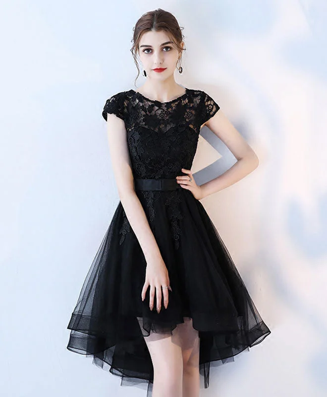 women's apple-shaped body dressesBlack Lace Short Prom Dress, Hight Low Evening Dress