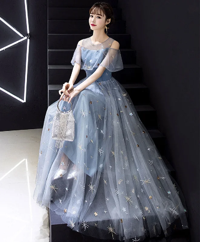 Zipper DressBlue Round Neck Tulle Long Prom Dress, A- Line Blue Long Tulle Evening Dress