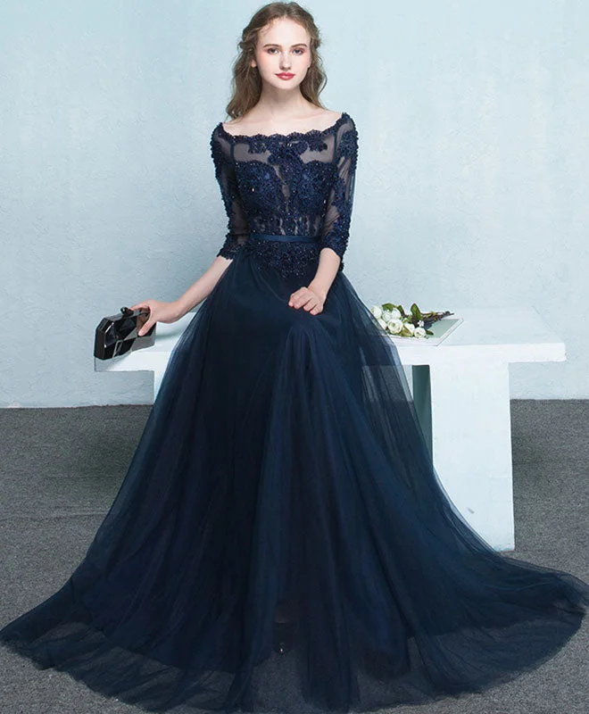 Floral DressDark Blue Lace Long Prom Dress, Long Sleeve Evening Dress