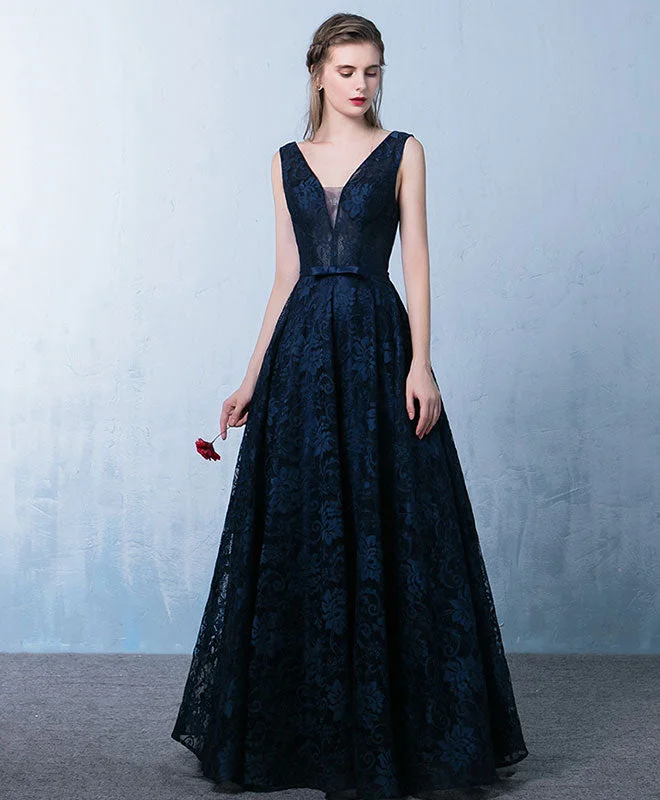 Sweetheart Neckline DressElegant Dark Blue V Neck Long Prom Dress, Lace Evening Dress