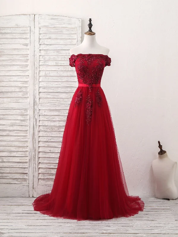 women's chiffon dressesBurgundy Off Shoulder Tulle Lace Applique Long Prom Dress, Evening Dress