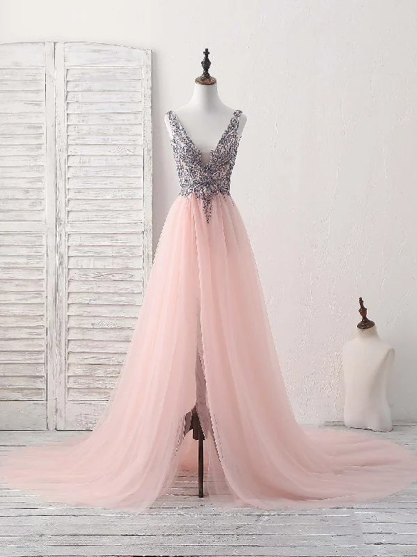 Flutter-Sleeve DressPink V Neck Tulle Beads Long Prom Dress, Pink Evening Dress