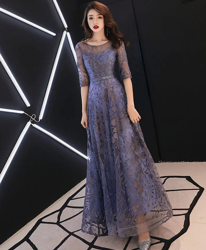 Prom DressBlue Round Neck Tulle Lace Long Prom Dress, Lace Evening Dress