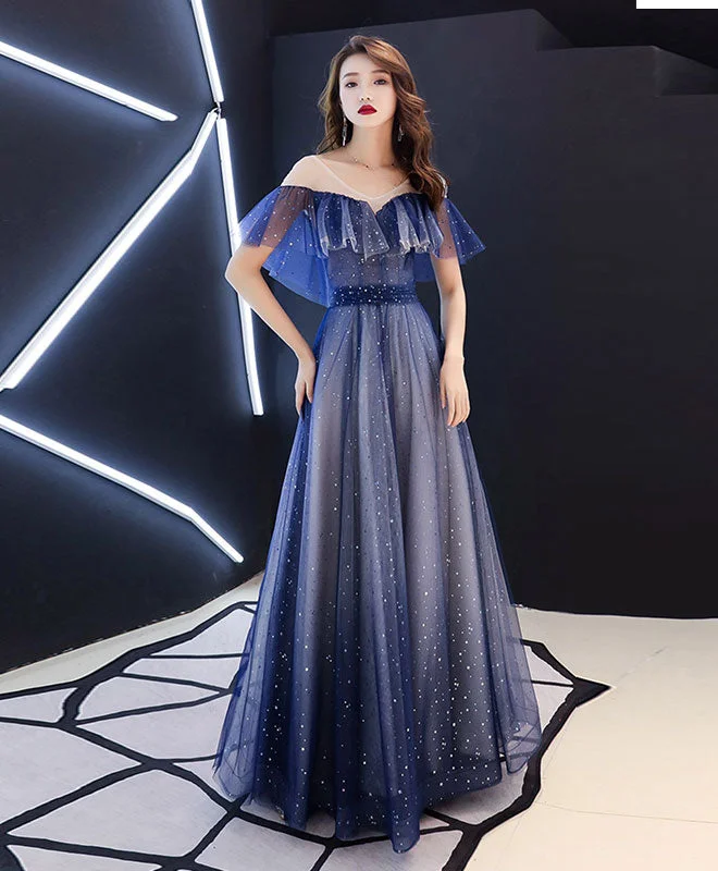 Zip-Up DressBlue V Neck Tulle Long Prom Dress, Blue Tulle Evening Dress