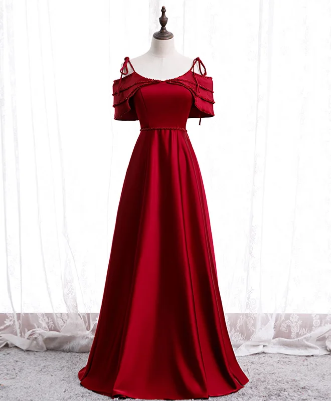 Cut-Out DressBurgundy Satin Beads Long Prom Dress Burgundy Evening Dress