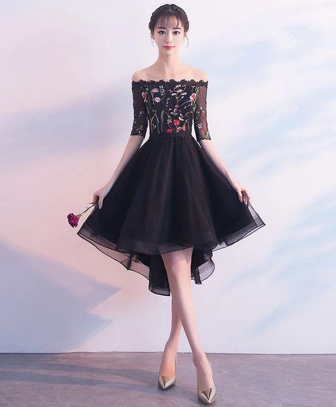 Bell-Sleeve DressBlack Tulle Lace Short Prom Dress, Black Evening Dress