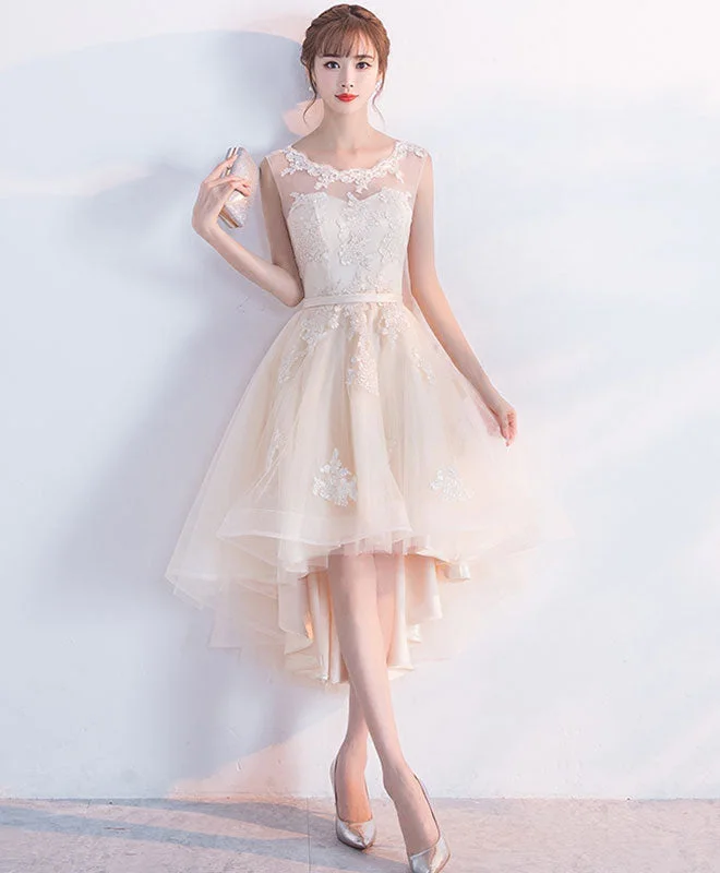 Elegant DressChampagne Tulle Lace Short Prom Dress, High Low Evening Dress