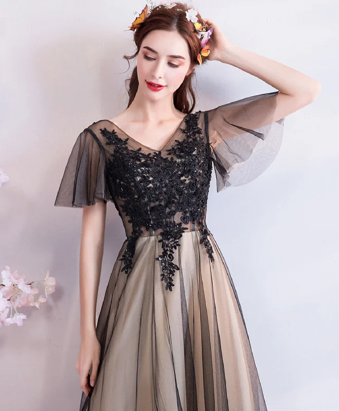 High-Low DressBlack V Neck Lace Tulle Long Prom Dress, Black Evening Dress