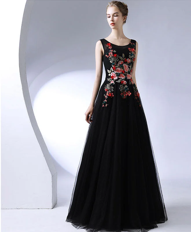 Lace DressBlack Round Neck Long Prom Dress, Black Evening Dress