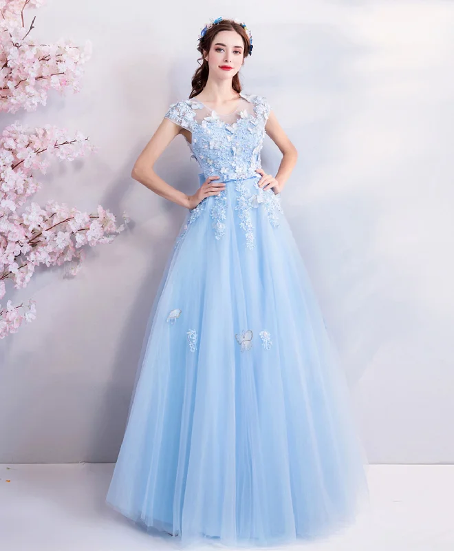 Mermaid DressSky Blue Lace Tulle Long Prom Dress, Blue Evening Dress