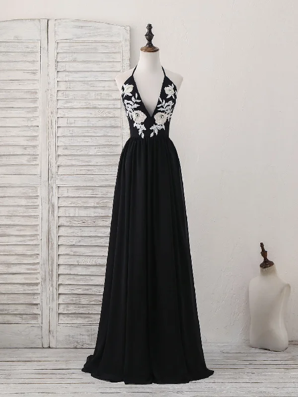 Jersey DressBlack V Neck Chiffon Lace Long Prom Dress Black Evening Dress