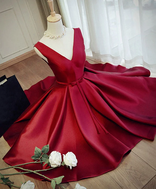 Cocktail DressSimple Burgundy V Neck Short Prom Dress, Burgundy Evening Dress