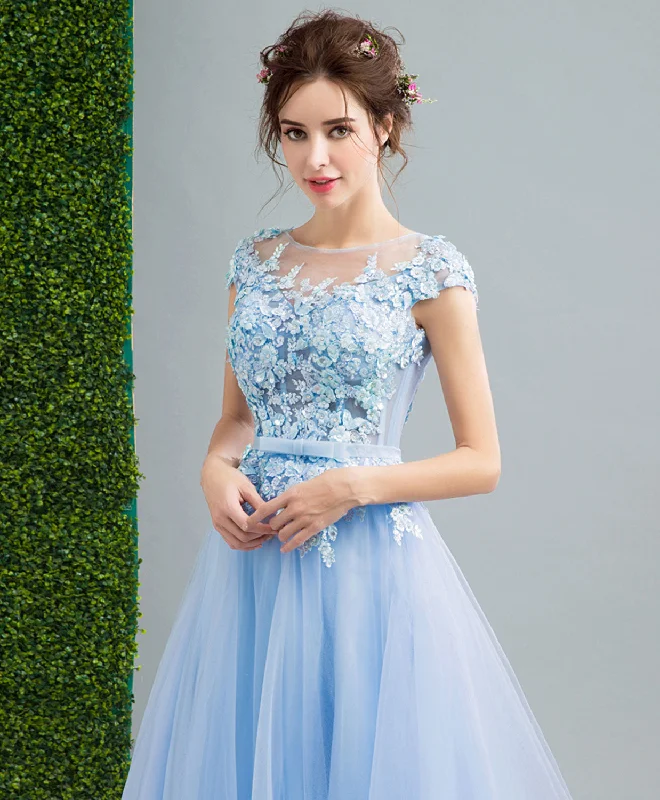 women's bodycon dressesSky Blue Lace Tulle Long Prom Dress, Lace Evening Dress