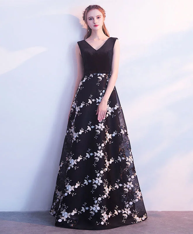 Bohemian DressBlack V Neck Long Prom Dress, Black Evening Dress