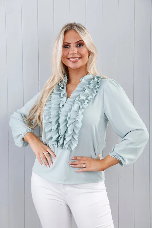 women's tops with cinched waistsMegan Ruffle Blouse Aqua