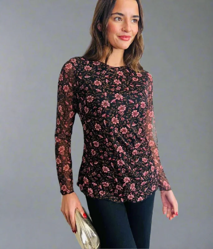 women's tops with flutter sleevesBlack Floral Winnie Mesh Top