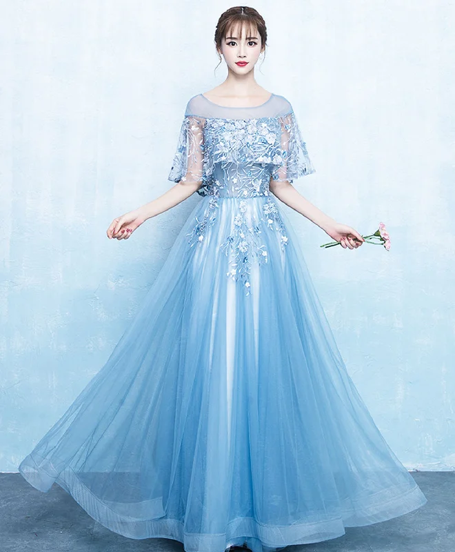 Chic DressBlue Tulle Lace Long Prom Dress, Blue Tulle Evening Dress