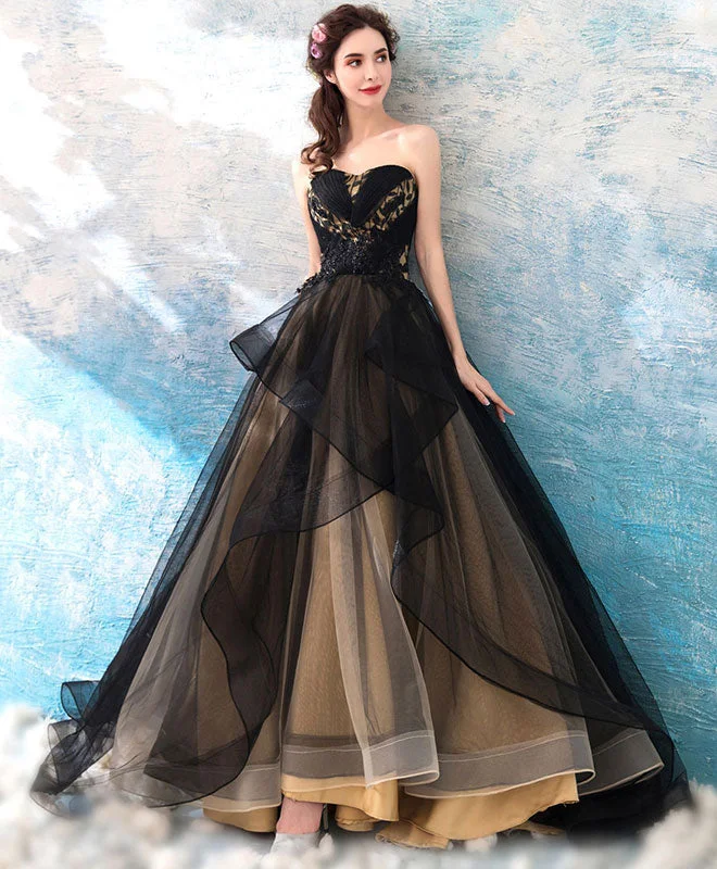 Zipper DressBlack Sweetheart Neck Tulle Long Prom Dress, Black Evening Dress