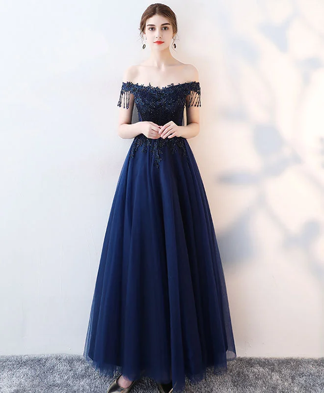 Asymmetric DressDark Blue Tulle Beaded Long Prom Dress, Blue Evening Dress