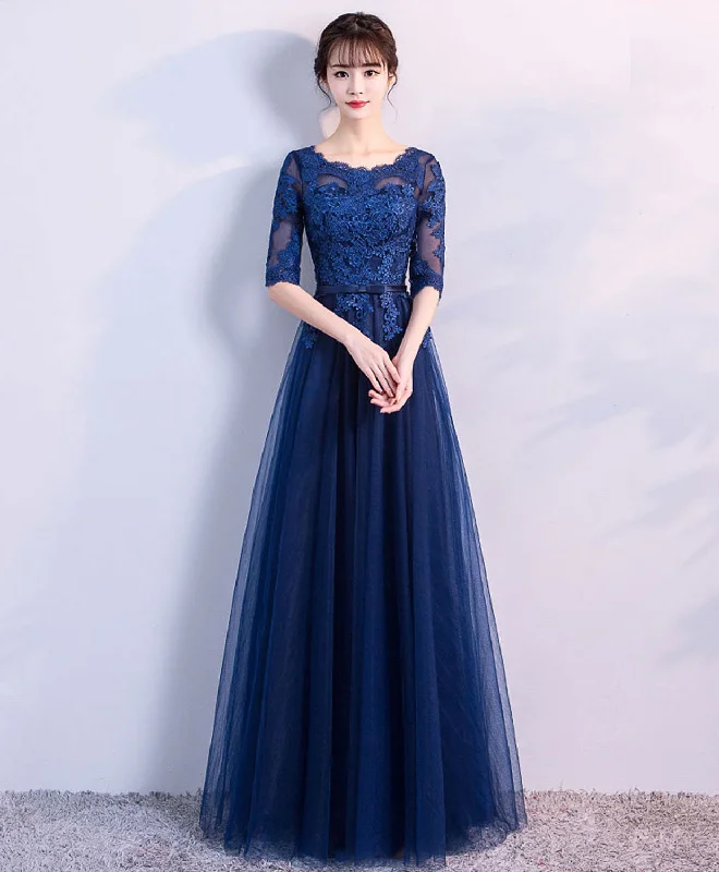 Glitter DressBlue Tulle Lace Long Prom Dress, Lace Evening Dress