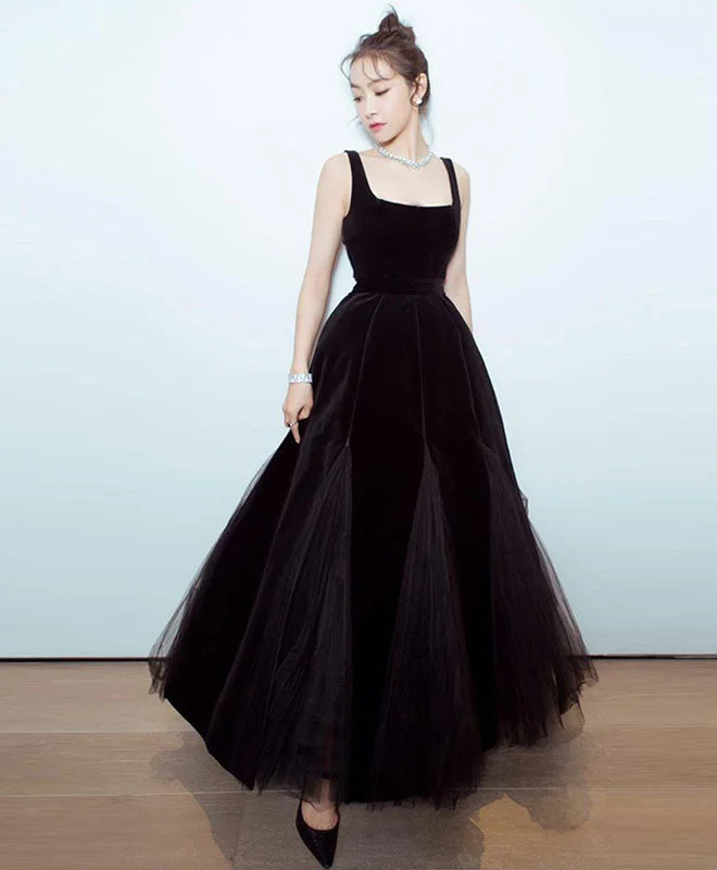 Party DressBlack Velvet Tulle Tea Length Prom Dress, Black Evening Dress