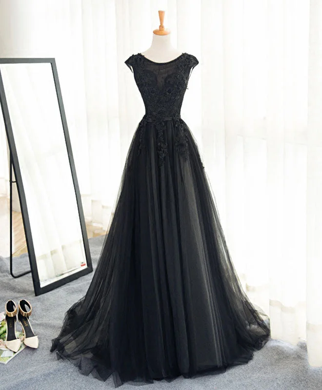 Silk DressBlack A Line Tulle Lace Long Prom Dress, Evening Dress