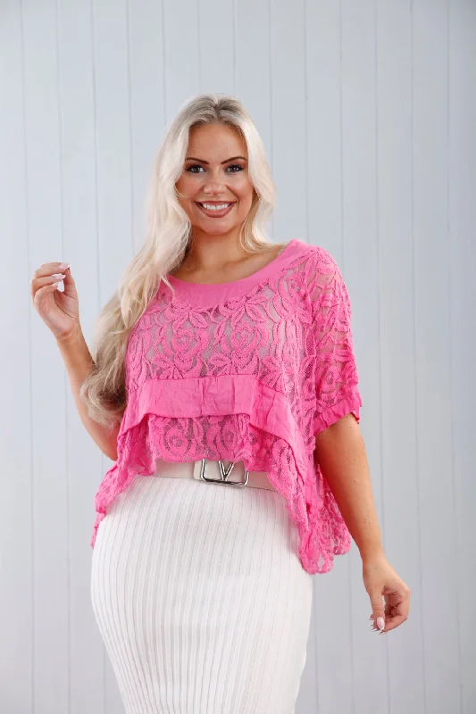 women's tops for glamorous eveningsLoretta Lace Top Candy Pink