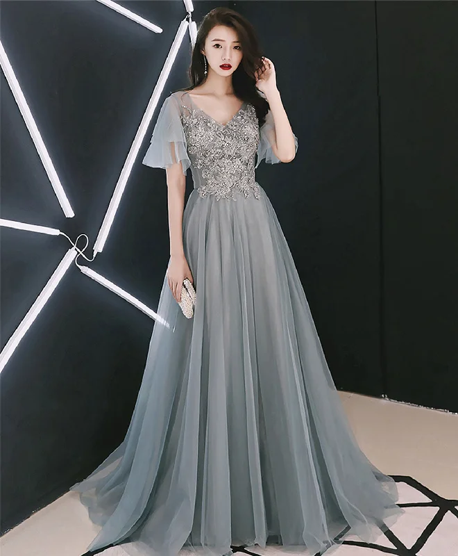 women's cinched-waist dressesGray V Neck Cap Sleeve Tulle Lace Long Prom Dress, Evening Dress