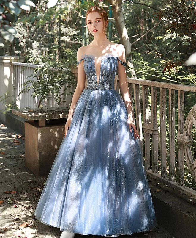 women's curve-hugging dressesBlue Tulle Sequin Off Shoulder Long Prom Dress Tulle Evening Dress