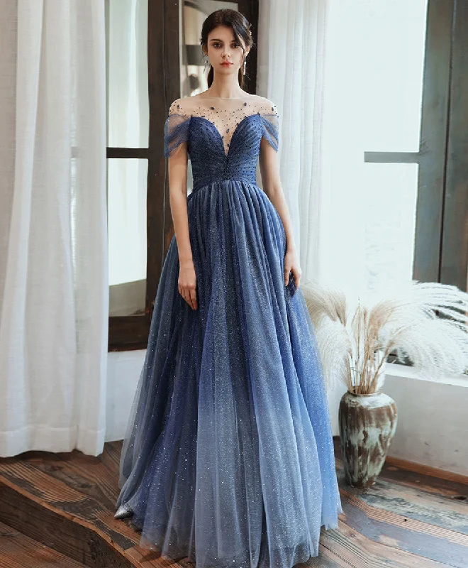 women's high-low dressesBlue Tulle Off Shoulder Sequin Long Prom Dress Blue Evening Dress