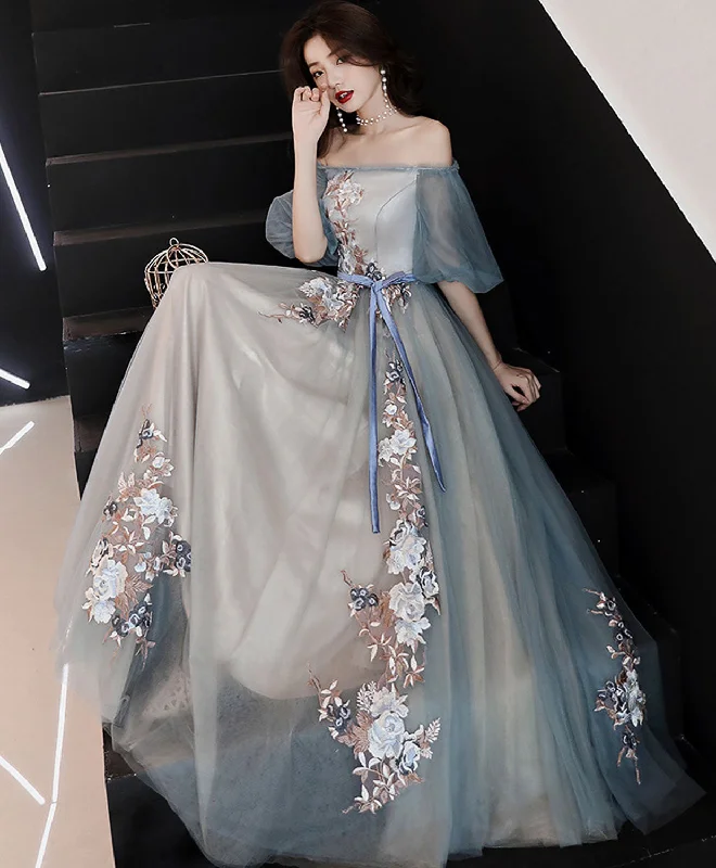 Halter DressGray Blue Tulle Lace Long Prom Dress, Gray Blue Evening Dress