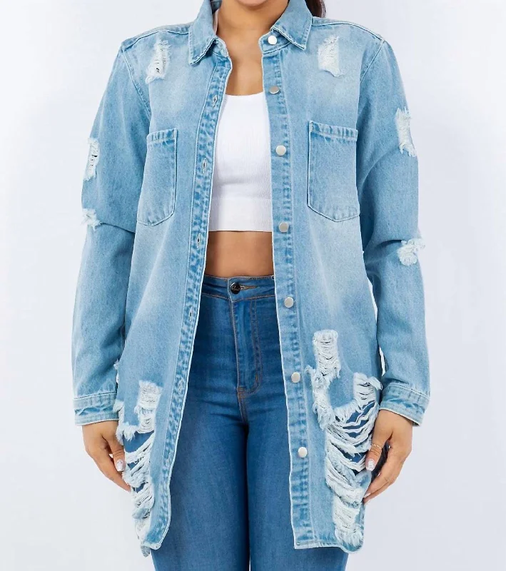 women's coats with embroidered patternsDistressed Button Up Long Sleeve Denim Jacket In Light Blue