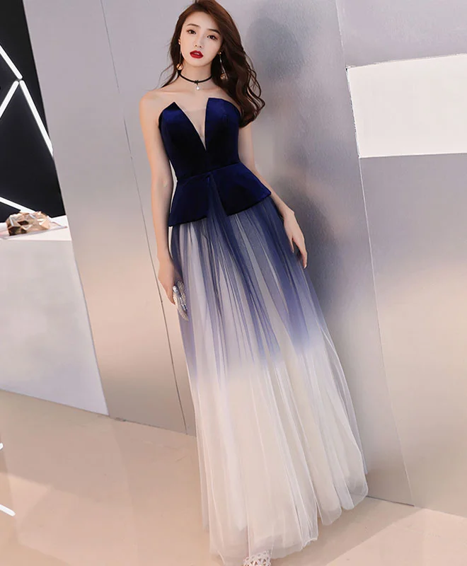 women's pear-shaped body dressesUnique Tulle Dark Blue Long Prom Dress, Tulle Evening Dress