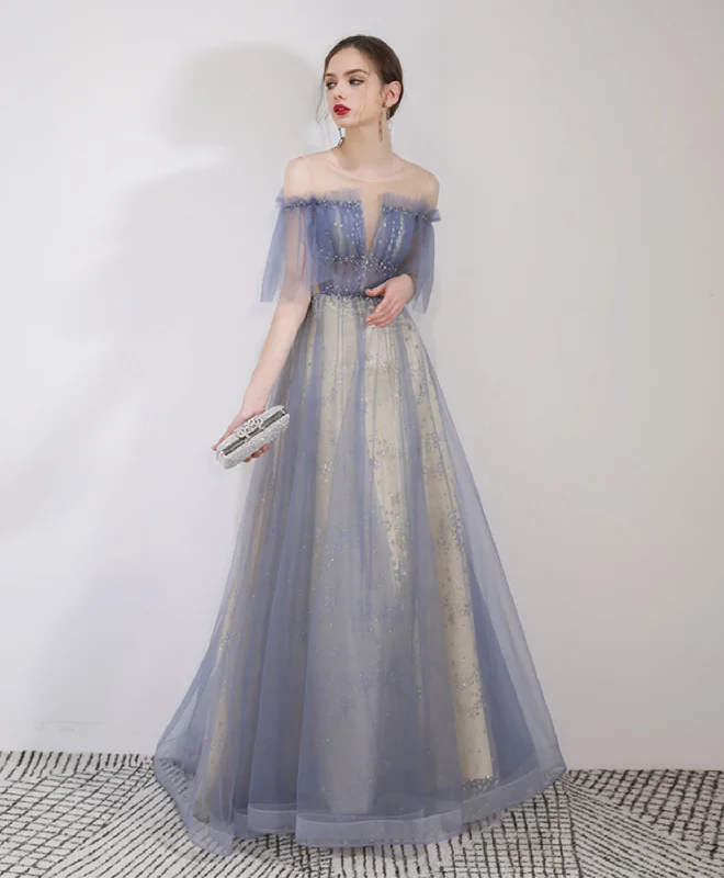 Leather DressBlue Round Neck Tulle Lace Long Prom Dress, Blue Long Evening Dress