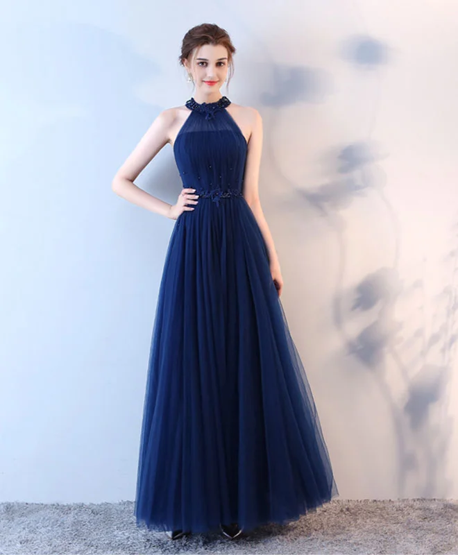 Body-Hugging DressBlue Halter Tulle Long Prom Dress, Blue Evening Dress