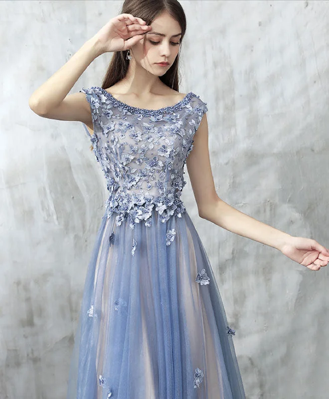 women's beach dressesBlue Lace Applique Beads Tulle Long Prom Dress, Lace Evening Dress