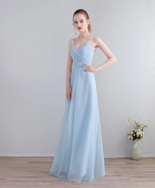 women's designer dressesLight Blue V Neck Long Prom Dress, Lace Evening Dress