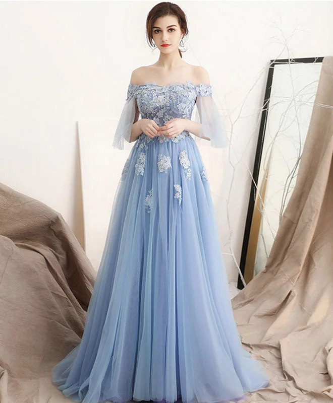 Denim DressUnique Blue Off Shoulder Tulle Long Prom Dress, Blue Evening Dress