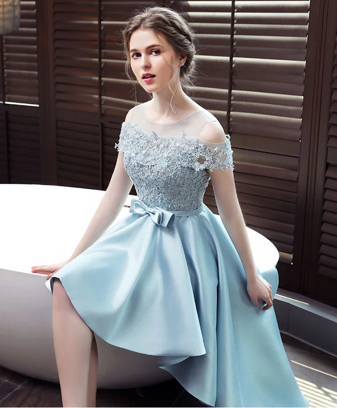 women's bell-sleeved dressesLight Blue Satin Lace Prom Dress, Blue Lace Evening Dress