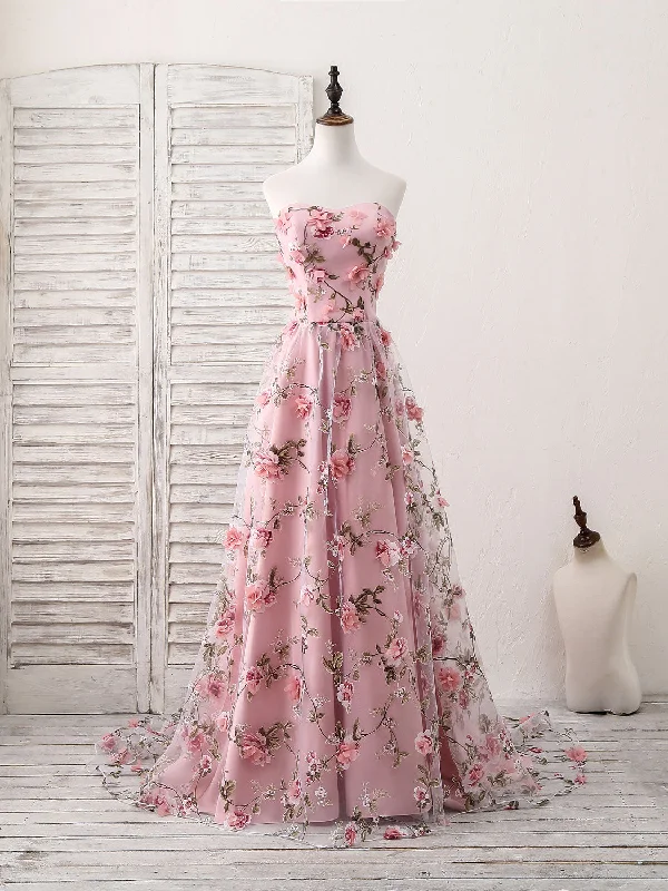 women's denim dressesPink Sweetheart Neck Tulle 3D Applique Long Prom Dress, Pink Evening Dress