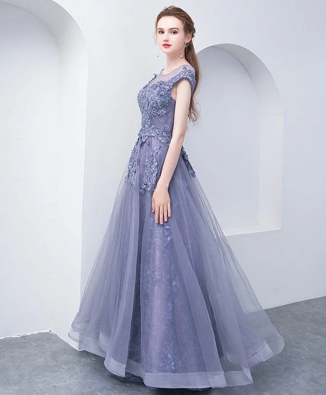 women's bodycon dressesGray Blue Round Neck Tulle Lace Long Prom Dress, Gray Blue Evening Dress