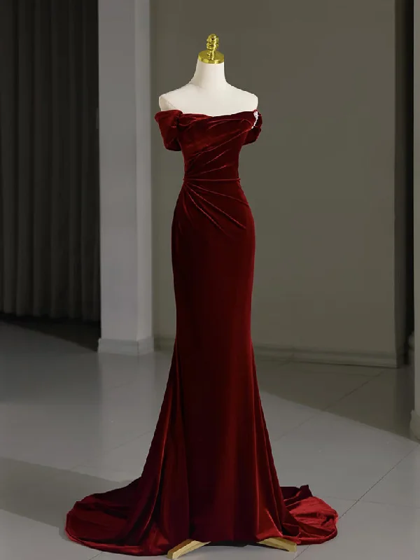 women's ball gown dressesMermaid Velvet Burgundy Long Prom Dress, Burgundy Long Evening Dress