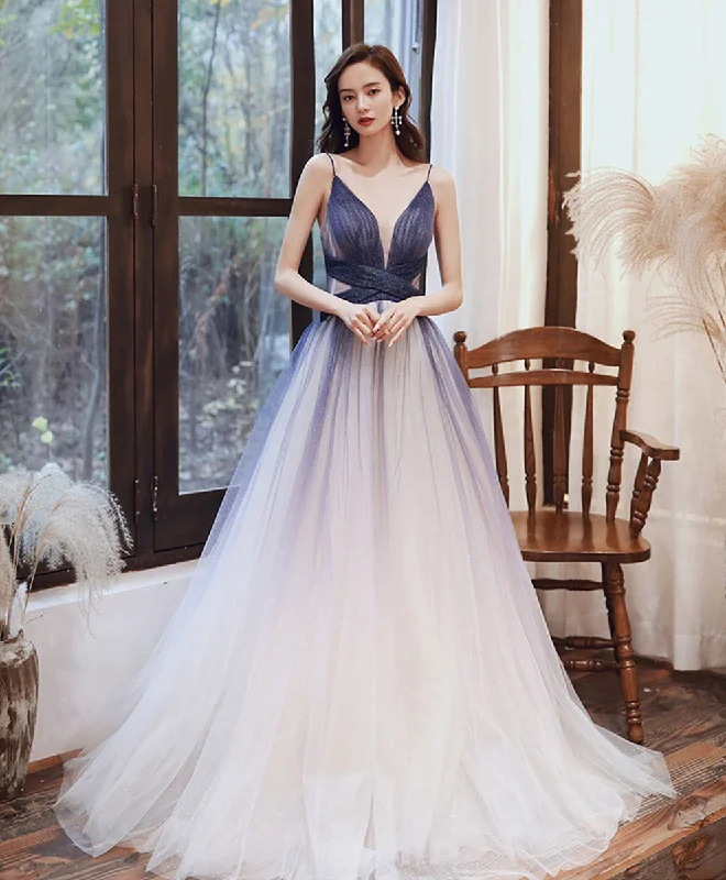 Ruffled Hem DressBlue V Neck Tulle Long Prom Dress Blue Tulle Evening Dress