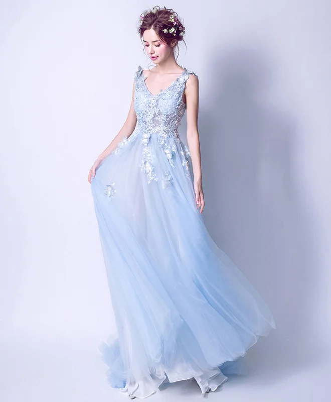 women's cinched-waist dressesBlue V Neck Lace Tulle Long Prom Dress, Lace Evening Dress