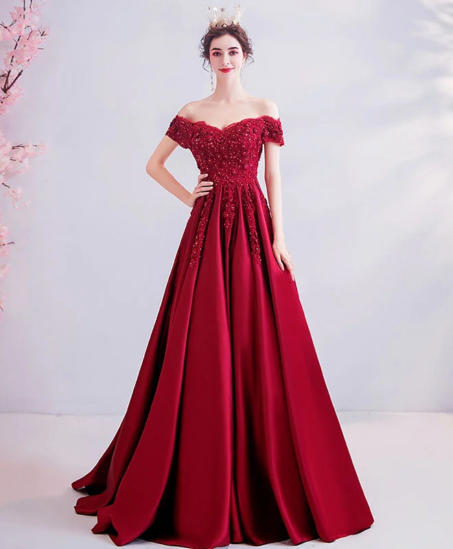 women's statement dressesBurgundy Off Shoulder Lace Satin Long Prom Dress Burgundy Evening Dress