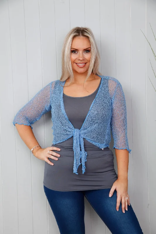 elegant women's topsSimone Fine Knit Shrug Sky Blue