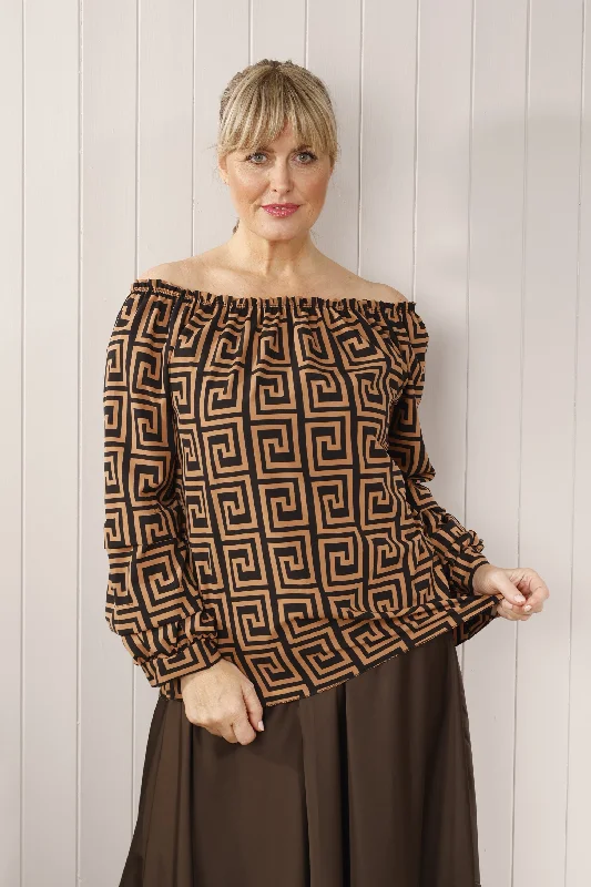 women's tops for those who love to experiment with fashionZendi print Gypsy top  Tan